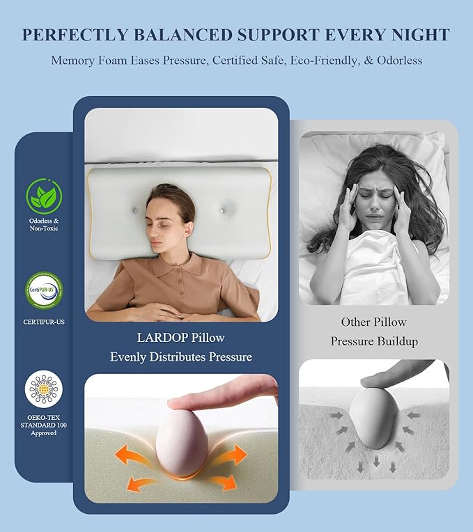 Memory Foam Contour Pillow for Neck Pain Relief/Neck Support, Cooling Cervical Neck Pillow for Side Sleeper/Sleeping, Ergonomic Sleep Apnea Orthopedic Anti Snore Therapeutic Pillows for Back Sleepers
