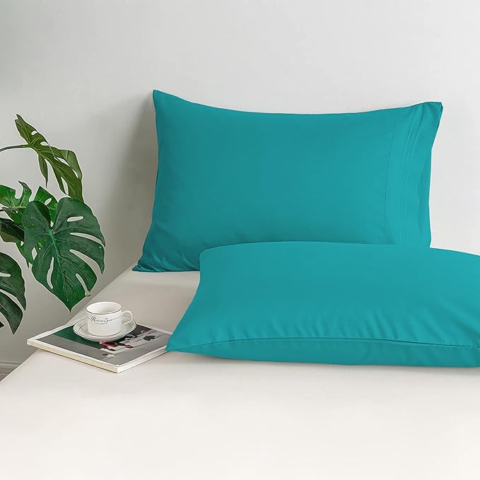 Mocassi 2-Piece Premium King Pillowcase Set 1800 Series Hotel Quality Microfiber - Soft and Breathable with 3-Line Embroidery Wrinkle and Stain Resistant, Easy Care, 20" x 40", Teal