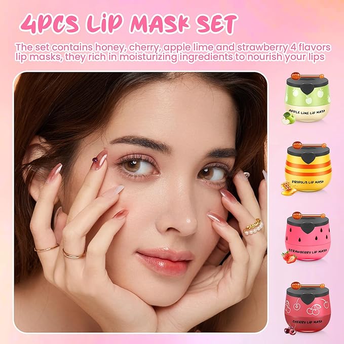 4PCS Bee Honey Balm Lip Balm, Cherry Apple Strawberry Honey Lip Balm, Moisturizing Sleeping Lip Mask Overnight, Prevention Dry and Cracked Lips