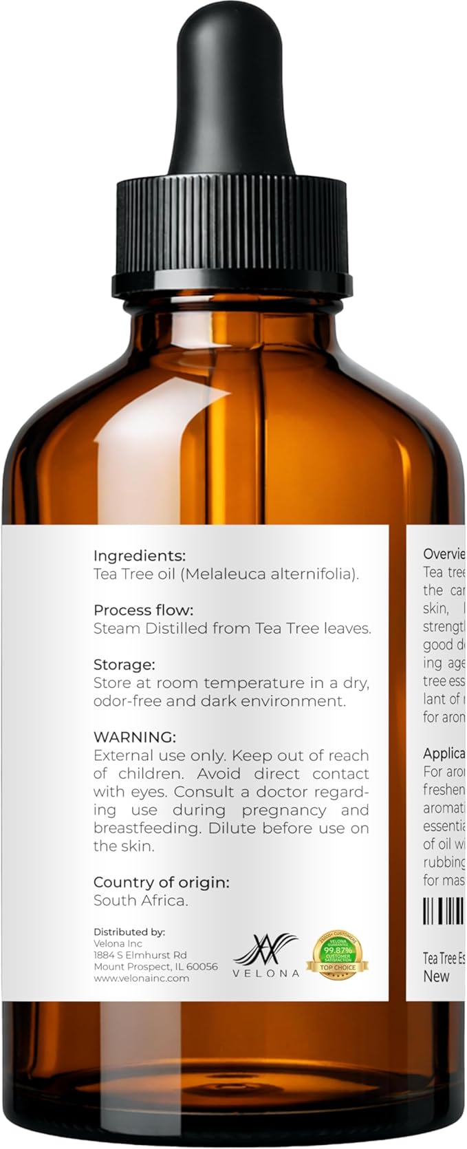 Tea Tree Essential Oil by Velona - 4 Fl Oz | Therapeutic Grade 100% Pure and Natural | for Aromatherapy Diffuser, Massage, Skincare, Haircare, Soapmaking | Undiluted and Multipurpose in Glass Bottle