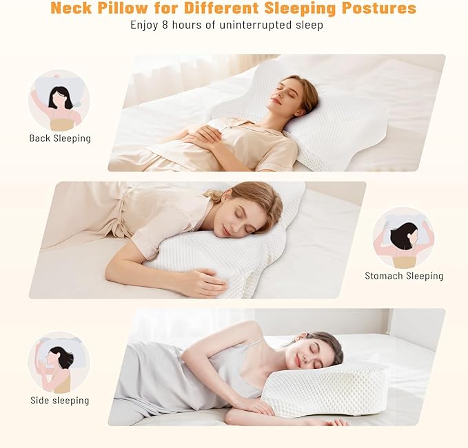 Cervical Neck Pillow, Memory Foam Pillow for Neck Pain Relief, Ergonomic Bed Pillow with Neck Support for Side, Back & Stomach Sleepers, Queen Size, White