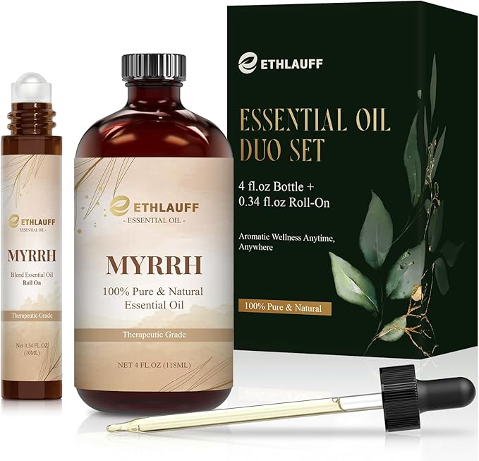 Myrrh Essential Oil (4 fl.oz Bottle + 0.34 fl.oz Roll-On) — Myrrh Oils for Aromatherapy, Diffusers, Humidifiers, Home fragrances, DIY Skincare, Candle, Soap Making, Relaxation, Yoga
