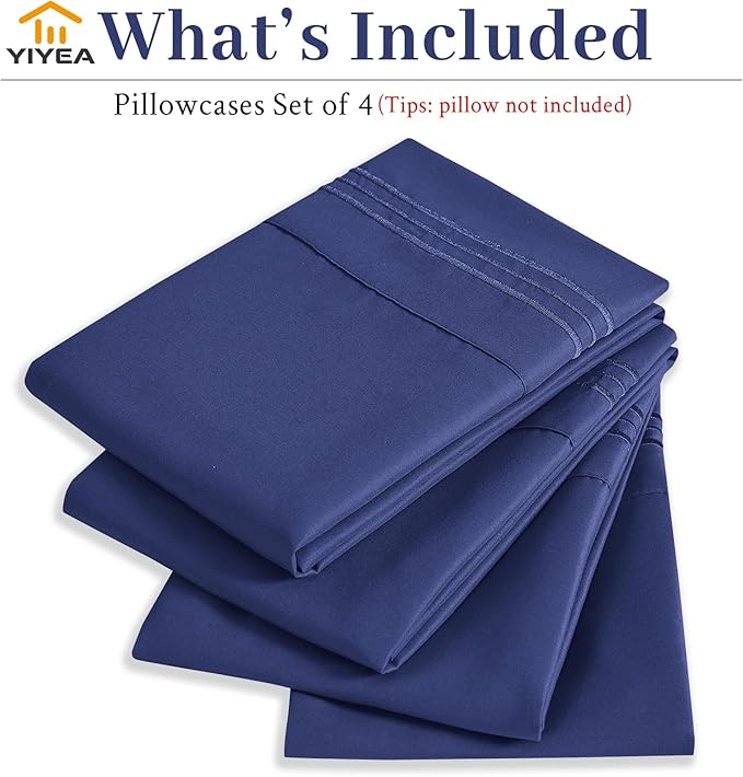 YIYEA California King Pillow Cases Set of 4, Ultra Soft 1800TC Hotel Quality Double Brushed Microfiber Embroidered Pillowcases, Envelope Closure, Fade Resistant (20"x40", Navy)