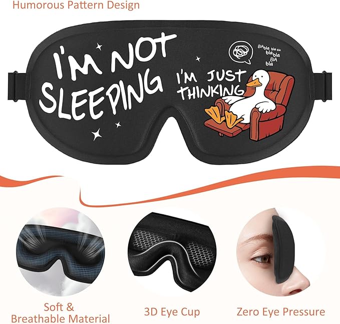 Funny 3D Zero Pressure Sleep Eye Mask for Men Women Side Sleeper, Adjustable Blackout Soft Breathable Eye Masks for Travel Nap Night Sleep, Humorous Gift Stocking Stuffers (Just Thinking)