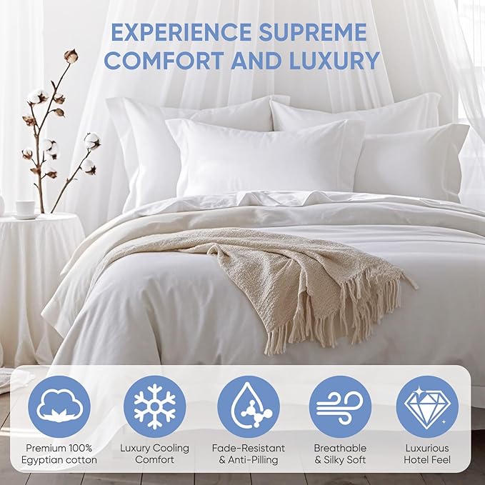 TWK 1200 TC 100% Egyptian Long-Staple Cotton Bedding Sheets Set, Luxury Hotel Style Deep Pocket with Elastic Reinforced Seams Sheet Set, Soft & Comfy Natural Sheets (White, Full)