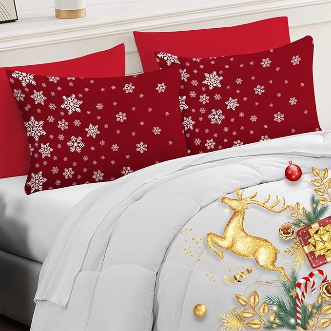 YIYEA Christmas Pillow Cases Queen Size Set of 4, Ultra Soft Double Brushed Microfiber Red Pillowcases and Christmas Snowflake Pillow Covers, Envelope Closure, Fade Resistant (20"x30")