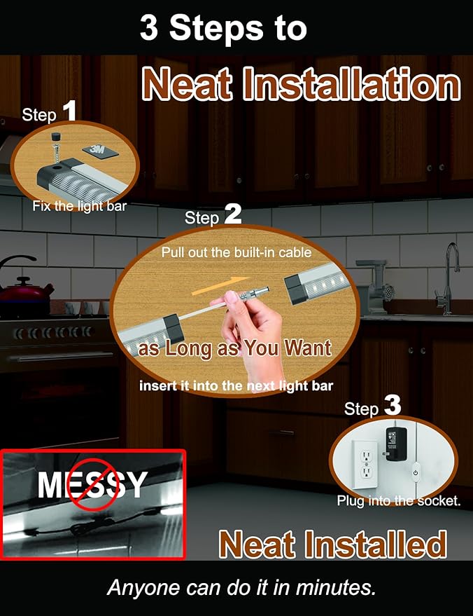 LED Under Cabinet Lighting Touch Under Cabinet Lights Built-in Adjustable Cable & External Cable 3 Panel Under Counter Lights for Kitchen 12W 1350Lm 3000K Warm White Closet Light for Timer