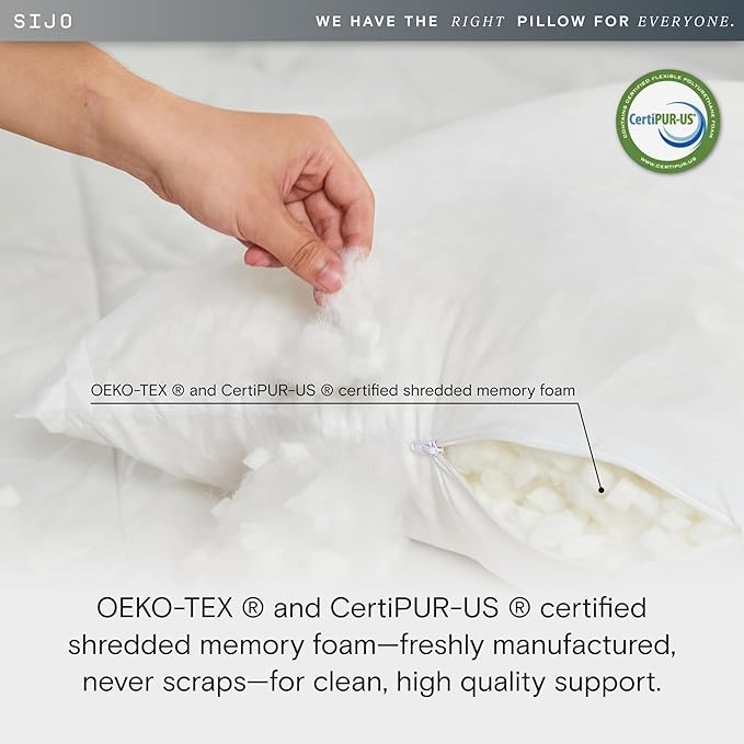 Sijo FlexCool Shredded Memory Foam Pillow - Adjustable Loft Pillow w/Cooling Surface - Good Housekeeping 2026 Bedding Award Winner - CertiPUR-US - Medium Firm for Back, Side, Stomach Sleeper (Queen)