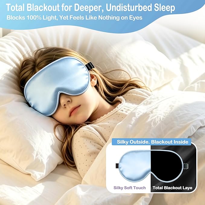 Kids Sleep Mask Eye Cover, Silk Sleeping Mask for Kids, Soft Blackout Blindfold Eye Mask with Adjustable Strap & Laundry Bag for Easy Washing, Gift for Girls Boys Ages 5-15 (Blue)