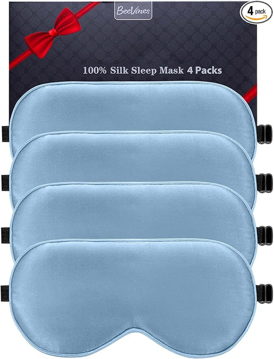 BeeVines Sleep Mask, 4 Packs 100% Real Natural Pure Silk Eye Masks with Adjustable Strap for Sleeping, Mulberry Silk Eye Sleep Shade Cover, Block Light Reduces Puffy Eyes Traveling Gifts(Light Blue)