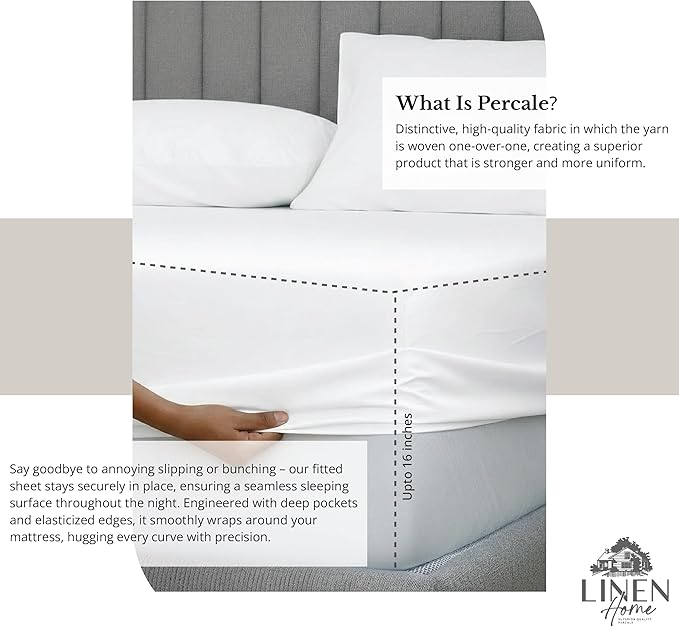 Linen Home 4 Piece Twin Cotton Sheet Set, 100% Cotton Percale, 2 Pillowcases, Deep Pocket with All Around Elastic Sheet, Crisp Breathable Bedding, Hotel Luxury, Long-Staple Combed Cotton, Snow White
