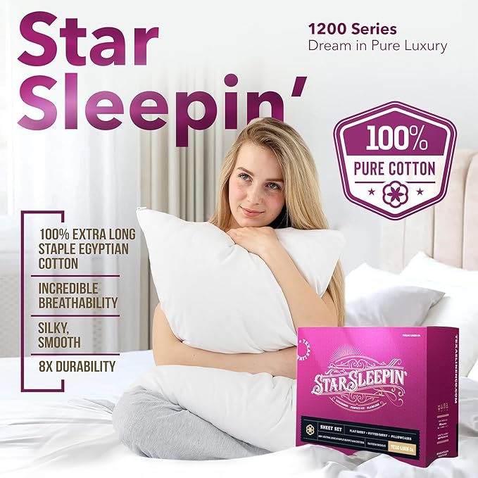 TEXAS LINEN CO. 100% Egyptian Cotton Sheets King Size Set Pack of 2 - Luxury 1200 Series Star Sleepin' Collection Sheets King Size (8 PC, White), 17" Deep Pocket, Soft, Sateen Hotel Bedding Set