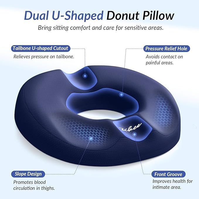 ZIKEE Donut Pillow Seat Cushion for Tailbone Pain, Hemorrhoid Pillow with Pressure Relief Hole & Thigh Slope Design for Postpartum & Post Surgery Sitting Relief (Blue, Large)