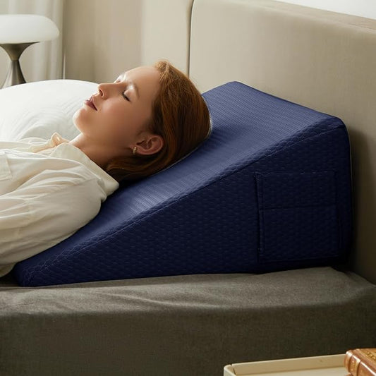 Bedluxe Wedge Pillow, 12 inch Bed Wedge Pillow for Headboard, Pillow Wedge for Acid Reflux Relief, Sleeping, After Surgery, Snoring, Gerd, Triangle Pillow Wedge - Cooling Memory Foam Top, Navy