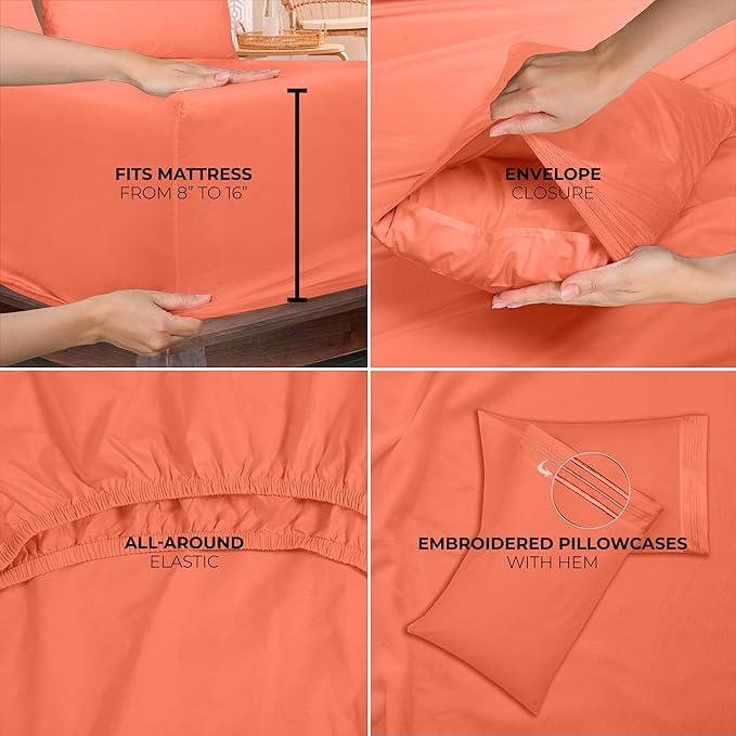 ROYALE LINENS 4 Piece King Sheets Set - Soft Brushed 1800 Microfiber Bedding - 1 Fitted and 1 Flat Sheet, 2 Pillow Cases - Wrinkle Free & Fade Resistant - Hotel Luxury Bed Sheets Set (Coral, King)
