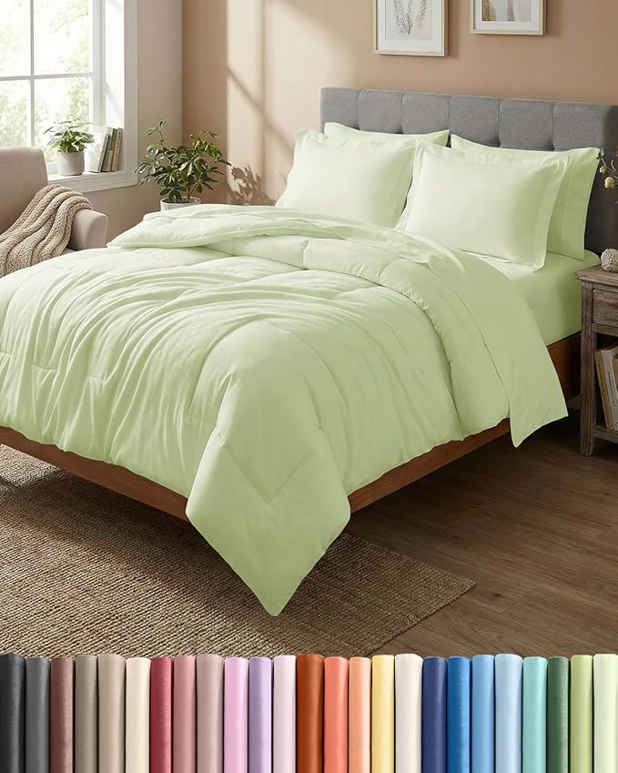 King Comforter Set - 7 Piece Bed in a Bag King Size Bed Set - Down Alternative Comforter, Flat Sheet, Fitted Sheet, Pillowcase & Shams for All Seasons - Ultra Soft and Breathable - Light Sage Green
