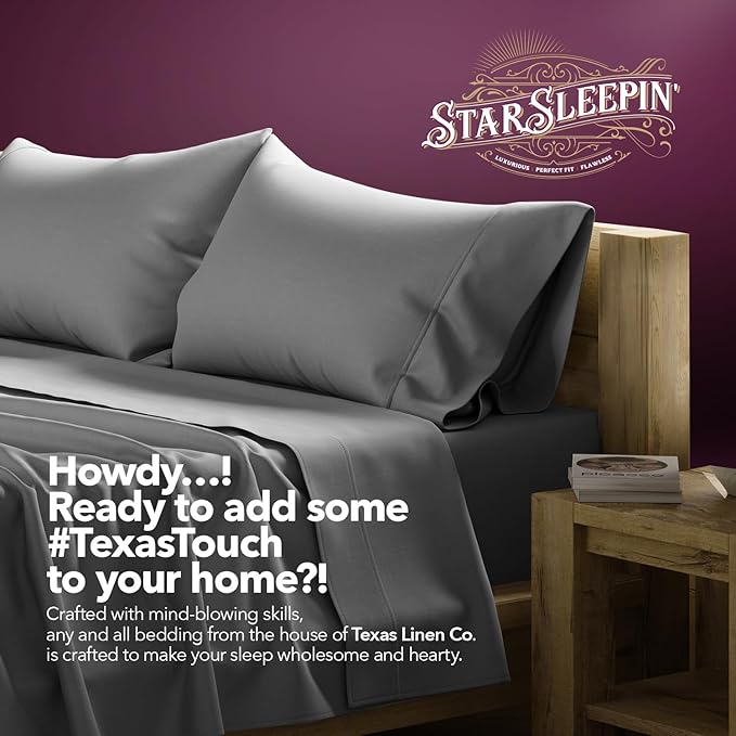 TEXAS LINEN CO. 100% Egyptian Cotton Queen Sheets Set - Luxury 1200 Series Star Sleepin' Collection Egyptian Cotton Sheets Queen Size (4 PC, Dark Grey), 17" Deep Pocket, Sateen Hotel Bedding Set