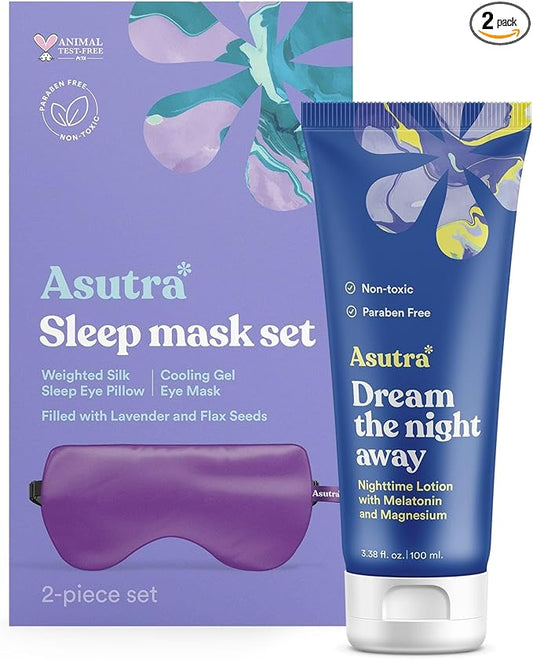 ASUTRA Dream Sleep Bundle - Purple Silk Eye Pillow Box Set and Dream The Night Away Lotion with Magnesium and Melatonin
