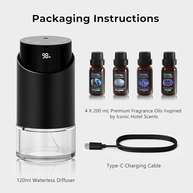 Aluminum Alloy Waterless Essential Oil Diffuser for Home Rechargeable Scent Diffusers with 4 Timer Settings, 3 Mist Levels with Vehicle Mode for Car Room Studio Office, Black Metal,100ml (Gift Set)