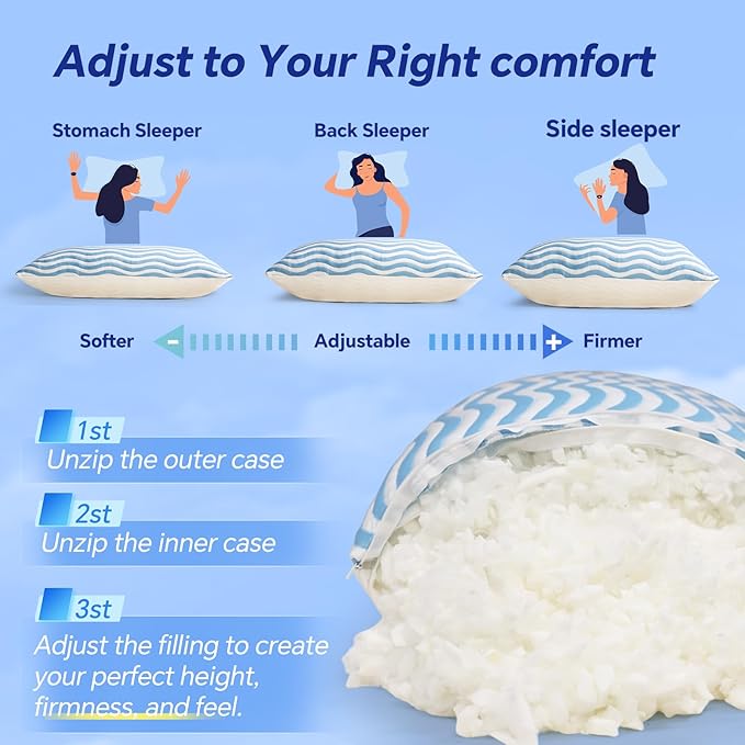 SLEEPDIARY Queen Pillow 1 Pack – Adjustable Shredded Memory Foam Cooling Bed Pillows, Custom Loft for Side, Back, and Stomach Sleepers, Shape-Retaining Support & Washable Cover
