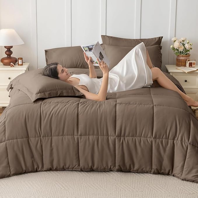 JOLLYVOGUE Queen Comforter Set, Ultra-Soft Bed in a Bag Queen Size 7 Pieces, Oeko-TEX Certified Bedding Set with Down Alternative Comforter, Sheets, Pillowcases & Shams, Brown