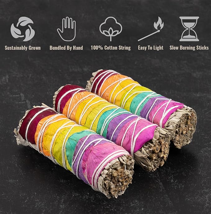 Wish Well Sage Smudge Kit - 3 Seven Chakra Sage Sticks, 2 Palo Santo Sticks, Abalone Shell, Stand, Feather, 7 Chakra Stones & Crystal Bracelet ~ Sage Incense Sticks for Cleansing House & Meditation