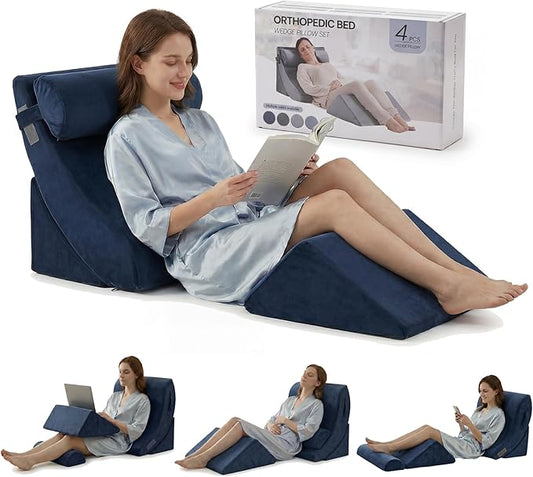 Axelrod 4PCS Orthopedic Bed Wedge Pillow Set, Post Surgery Foam for Back, Neck and Leg Pain Relief Comfortable & Adjustable Pillows- Anti Snoring, Heartburn, Acid Reflux & GERD Sleeping Dark Blue