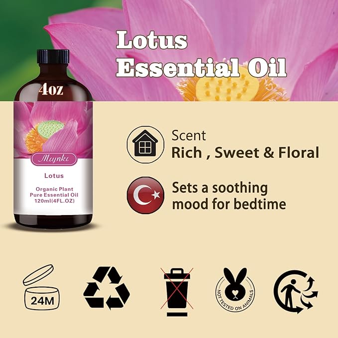 Lotus Essential Oil – MLYNKL Lotus Oils 4.33 fl oz for Diffusers, Humidifiers, Massage, DIY Candles, Soap, Cleaning, Home, Yoga, Office, Gifts - 130 ml