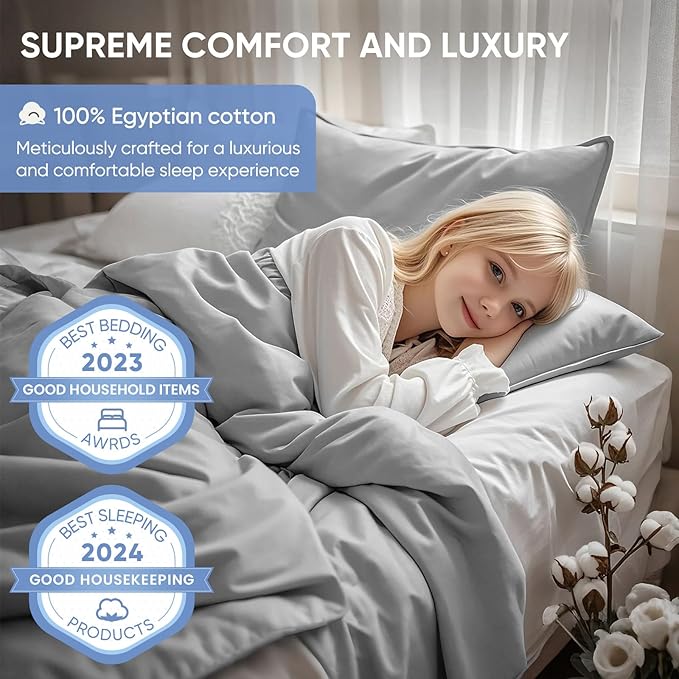 TWK 1200 TC 100% Egyptian Long-Staple Cotton Bedding Sheets Set, Luxury Hotel Style Deep Pocket with Elastic Reinforced Seams Sheet Set, Soft & Comfy Natural Sheets (Gray, Full)