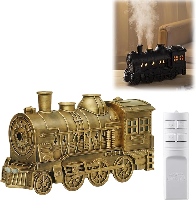 300ML Vintage Train Diffuser & Cool Mist Humidifier with Steam Effect, Remote Control, Dual Modes & Warm Blue LED Light (Gold, With remote control)
