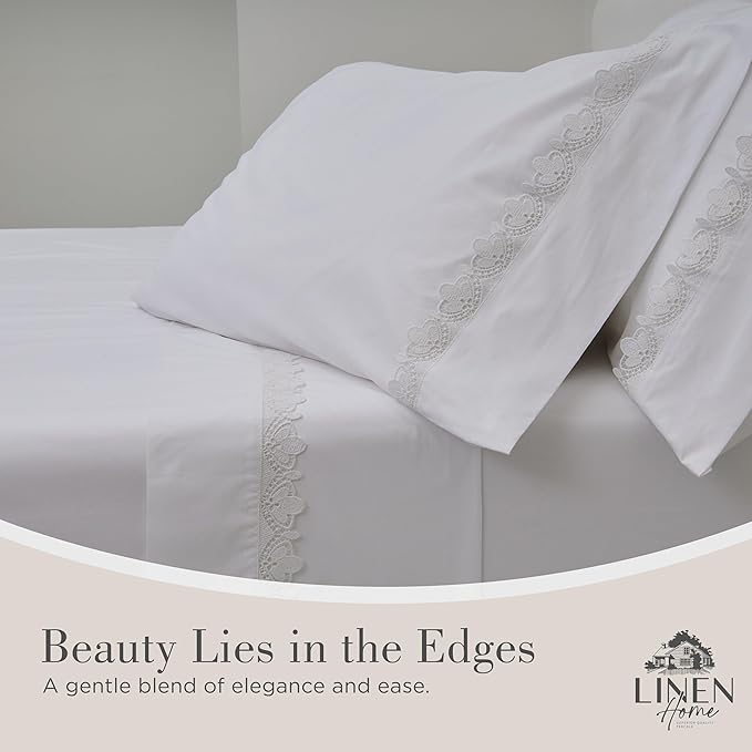 Linen Home 100% Cotton Percale Fluer Lace Pillowcases King Size, White, 2 Pieces of Pillow Case, Crisp and Cool Strong Bed Linen, 20 inches X 40 inches