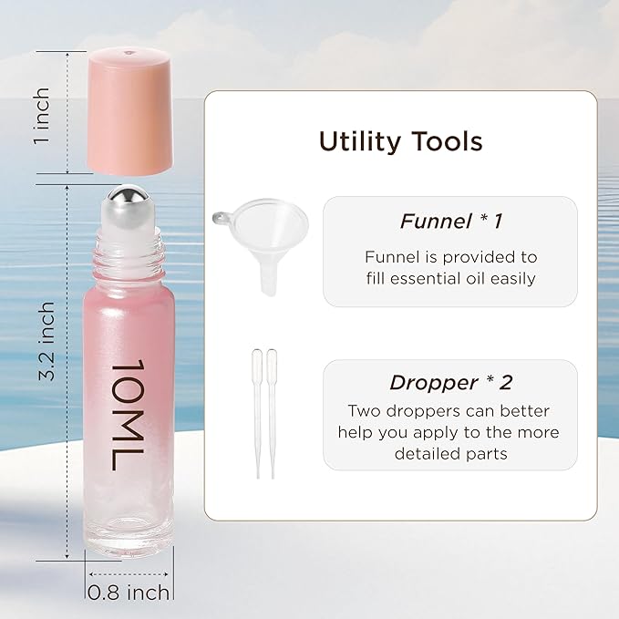 SESENSE Essential Oil Roller Bottles, 10ml Thick Glass Perfume Roller Bottles with Funnel Opener and Dropper Colored Glass Empty Bottles with Stainless Steel Roller Balls (Pink, 12 Pack)
