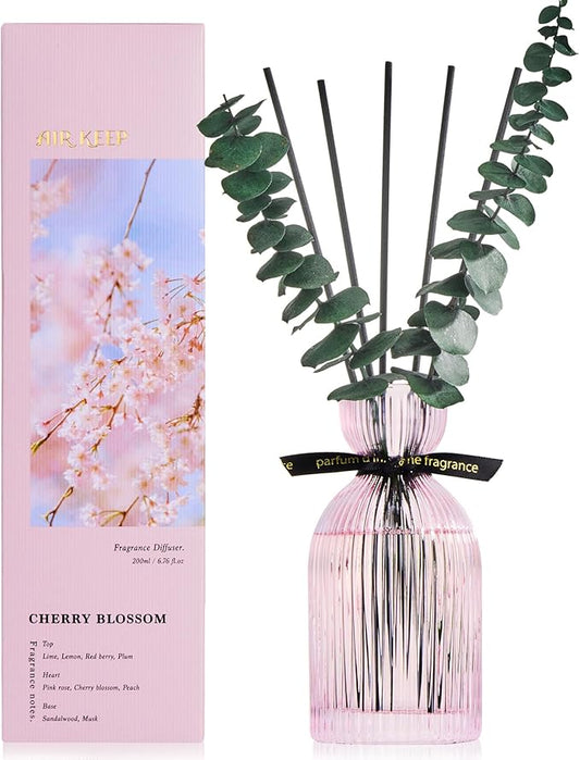 Airkeep Reed Diffuser Set 6.76 oz – Cherry Blossom Home Fragrance with Eucalyptus Sticks – Decorative Glass Bottle for Bathroom, Bedroom & Living Room Décor – Gift Ready