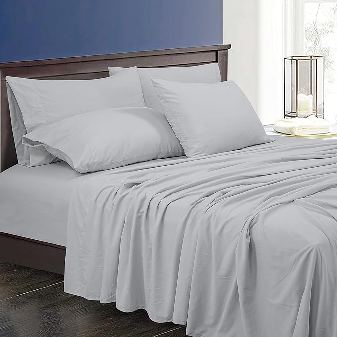 ROYALE LINENS 300 Thread Count Poly/Cotton Cooling Sateen Sheet Set - 6 Piece King Bed Sheets - 1 Fitted, 1 Flat, 4 Pillow Cases -Soft Cool & Crisp Sheet Set (King, Glacier Grey)