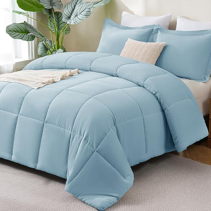 CozyLux Queen Comforter Set - Light Blue Comforters Queen Size, 3 Pieces Box Stitched Bed Set for All Seasons, Soft Lightweight Bedding Sets with 1 Down Alternative Comforter and 2 Pillow Shams