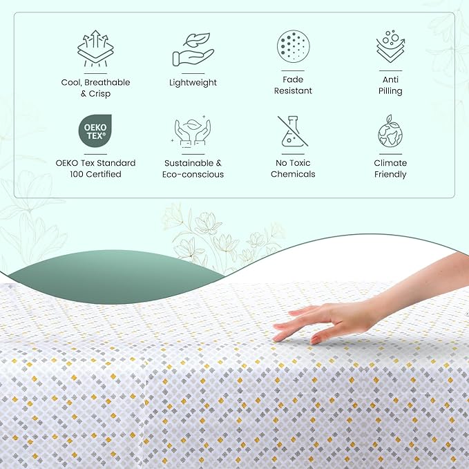 Feather & Stitch Softest 100% Cotton Sheets, 300 Thread Count Percale Weave Bedding, 16" Deep Pocket, Cooling Sheets, Breathable Bed Set, Hotel Premium Quality (Queen, Yellow Diamond)