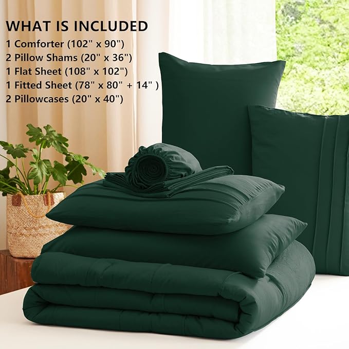CozyLux King Size Comforter Set Emerald Green, 7 Pieces Soft Pinch Pleat Bed in a Bag King Comforter Set with Sheets, Bed Set with Down Alternative Comforter, Sheets, Pillowcases & Shams