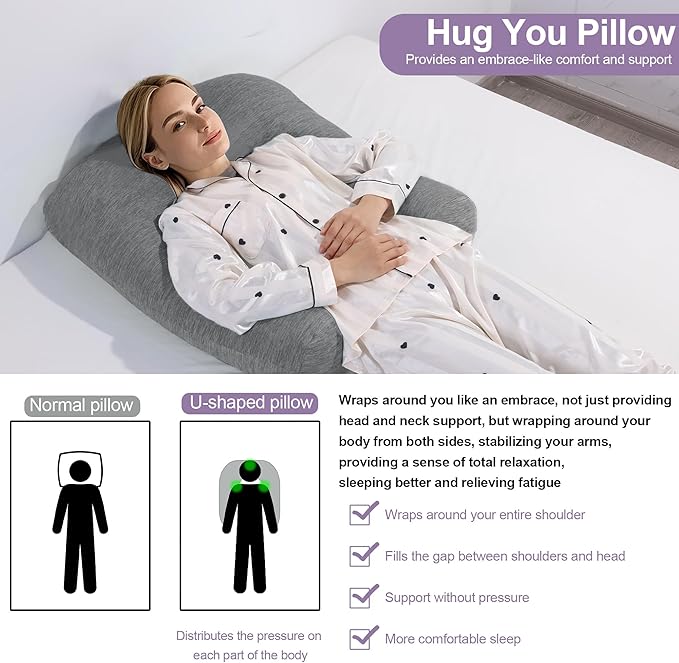 HOMBYS Cooling U Shaped Pillow for Neck, Contour Shoulder Pillow for Side Sleepers, Ergonomic Body Pillows for Adults, Hug Pillow with Washable Cover for Back, Shoulder Pressure Reduce (Dark Grey)