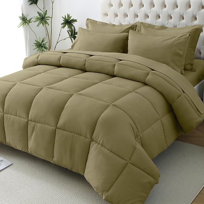 JOLLYVOGUE Queen Comforter Set, Ultra-Soft Bed in a Bag Queen Size 7 Pieces, Oeko-TEX Certified Bedding Set with Down Alternative Comforter, Sheets, Pillowcases & Shams, Olive Green