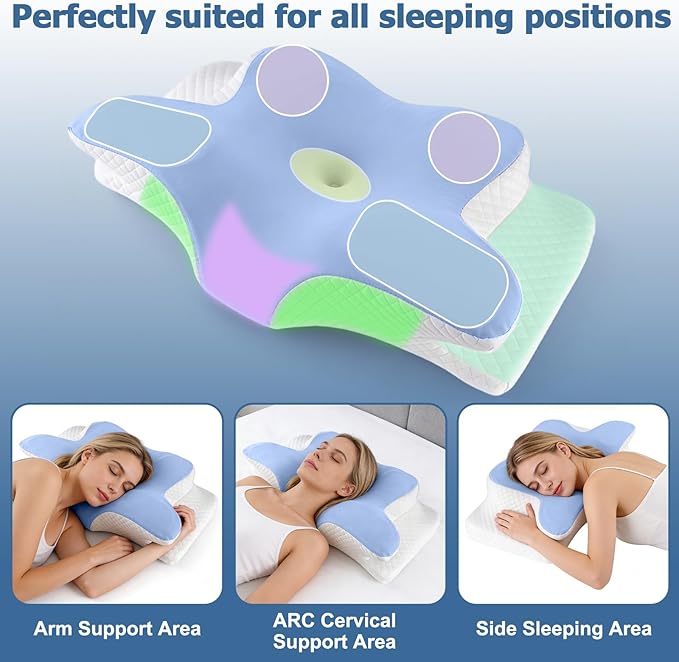 Memory Foam Neck Pillow - Adjustable Orthopedic Contour Pillow for Neck & Shoulder Support, Odorless, Side Back Stomach Sleeper Friendly, Enhanced Spinal Alignment - Light Blue