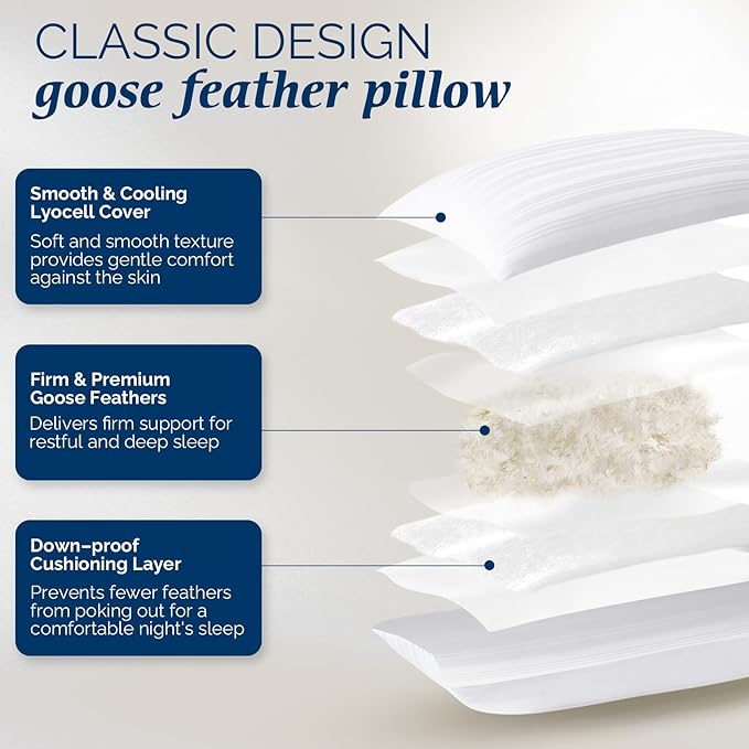 downluxe Goose Feather and Down Pillows - Hotel Collection Feather Pillows Set of 2 for Back, Stomach or Side Sleepers, Standard Size (20"x26")