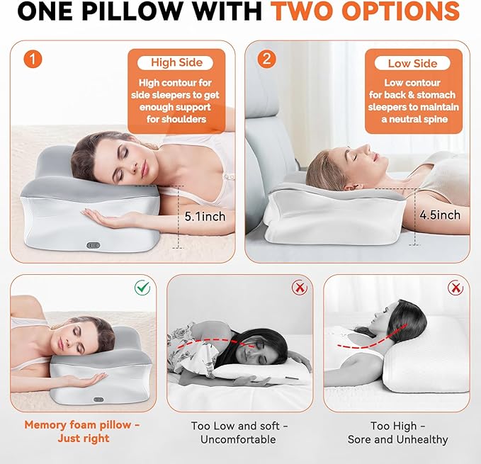 Heated Cervical Pillow for Neck Pain Relief, Ergonomic Contour Orthopedic Memory Foam Pillow for Neck Support, USB Heating with Adjustable Temp Settings
