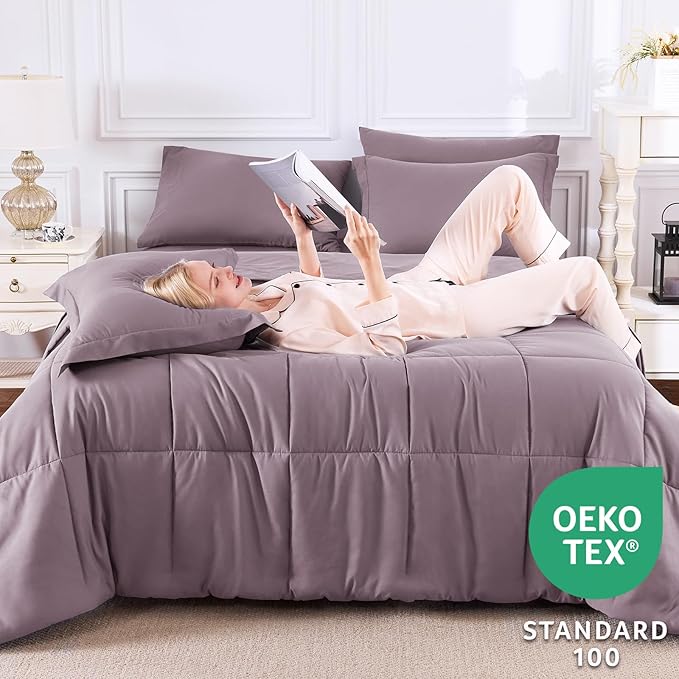 CozyLux King Size Comforter Set Dusty Purple - 7 Pieces Bed in a Bag King, Okeo-Tex Certifited Bedding Set, All Season Soft Bed Set with Down Alternative Comforter, Sheets, Pillowcases & Pillow Shams