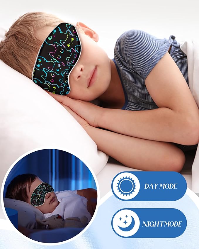 Miss Adola Sleep Mask for Kids - Cute Kawaii Cartoon Silk Sleeping Mask with Adjustable Strap Soft Smooth Light Eye Mask for Sleeping Silk Kids Eye Cover for Boys Girls Teens, Luminous Black Cats