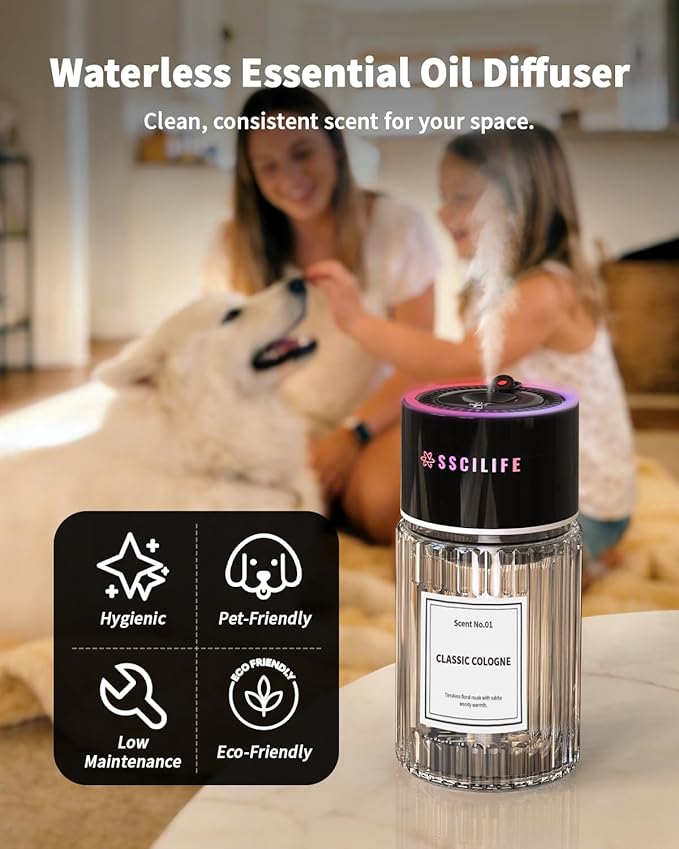 Smart Car Air Freshener with Auto Sensor, Car Aroma Diffuser with RGB Music Syncing Light & Starry Sky Projection, Up to 120 Day Use, 120ML Capacity, Scent: No.01-Classic Cologne
