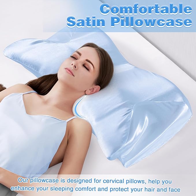 Satin Pillowcase for Cervical Pillow, Baby Blue Silky Cervical Pillow Case Contour Pillow Case Cover with Zipper, Smooth Ergonomic Pillowcase for Neck Pillow Cover