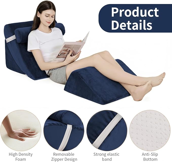 4PCS Orthopedic Bed Wedge Pillow Set for Post Surgery&Pain Relief,Adjustable Wedge Pillow for Back,Acid Reflux,Sitting up in Bed,Recovery,Snoring,Body Pillow for Sleeping (Navy)