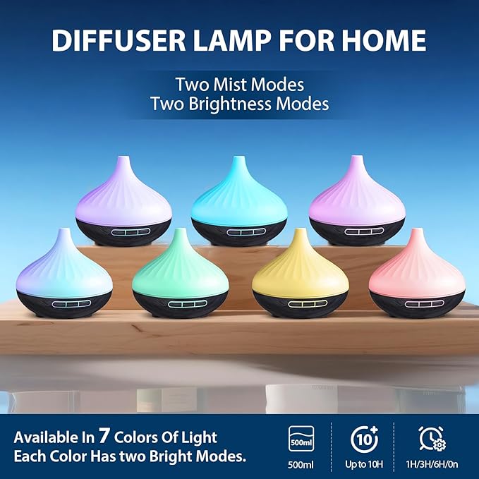 500 ML Diffuser for Home, Aroma Diffuser & 12 Essential Oils Set for Large Room, 14 Colour Changes, Timer and Auto-Off Function