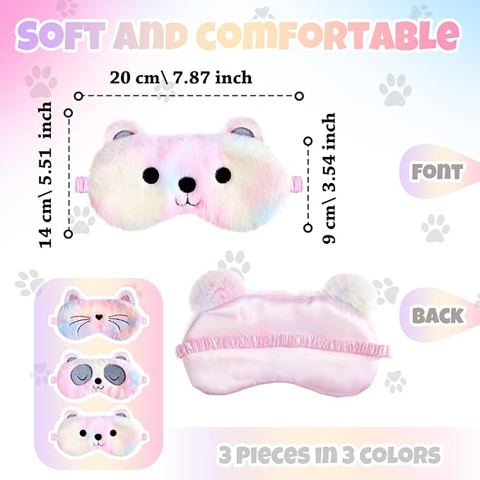 Geyoga 3 Pcs Sleep Mask for Kids, Girls Plush Sleeping Eye Cover Soft Eye Blindfold Cover Animal Shade for Kids(Colorful,Cat, Bear, Panda Style)