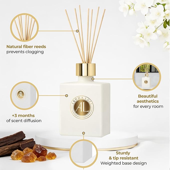 White Reed Diffusers Sticks in Oil Set | Long-Lasting Reed Diffusers for Home, Office, Bathroom, & Bedroom Decor Fragrance Diffuser | White Diffuser (Rustic Amber)